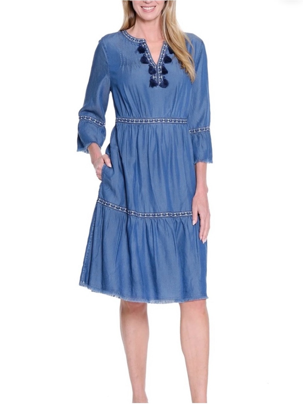 John Mark Blue Tassel-Detail Tiered Dress - Picture 2 of 6